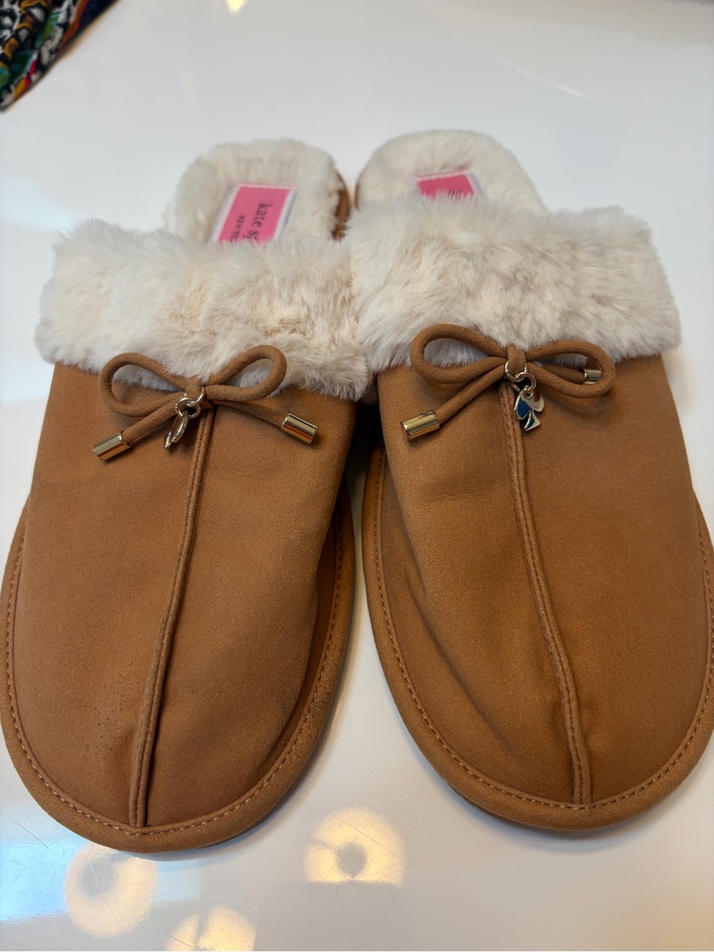 #791 kate spade Camel Faux-Suede Faux-Fur Mule Slippers. NWT